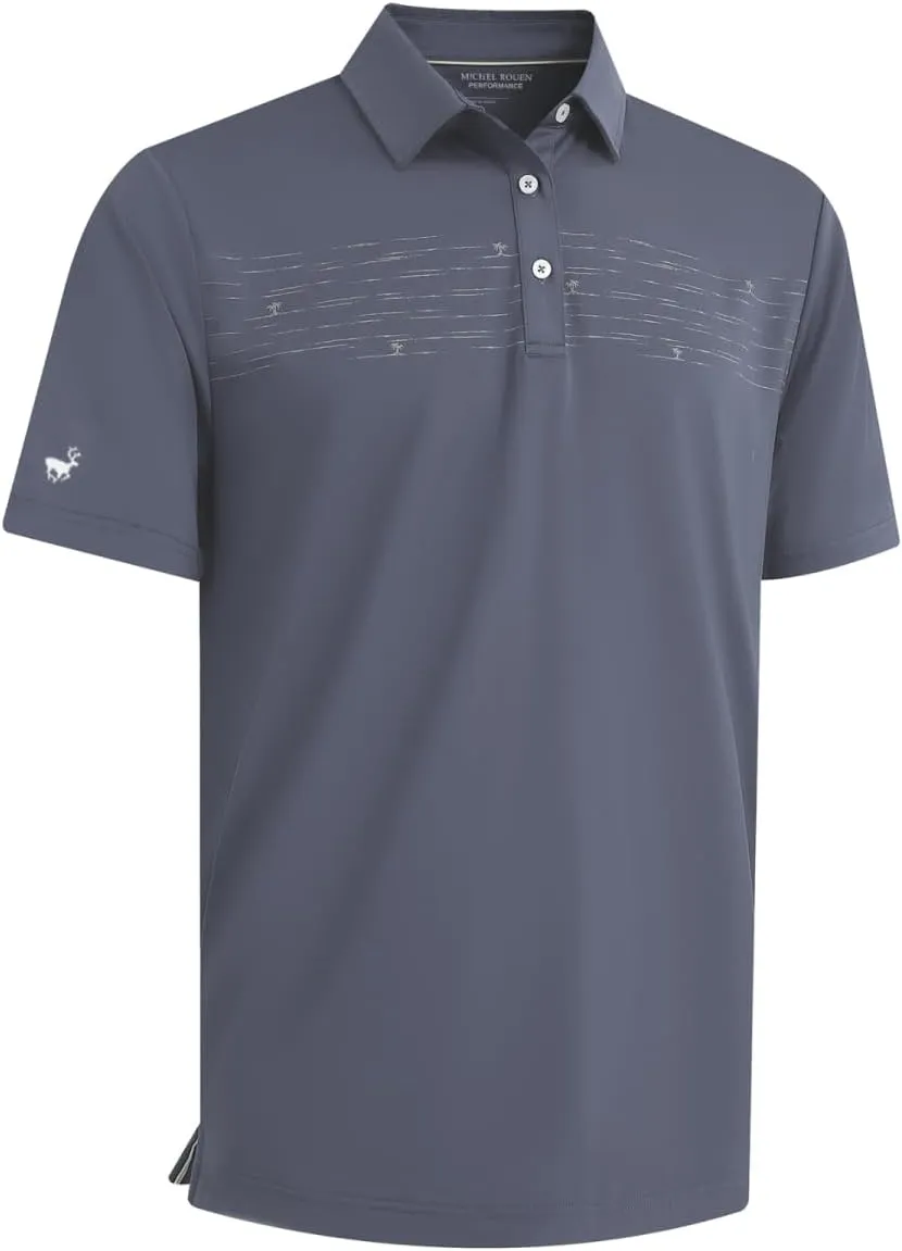 Rouen Mens Golf Shirts Short Sleeve Chest Print Performance Dry Fit Moisture Wicking Casual Sports Polo Shirts for Men