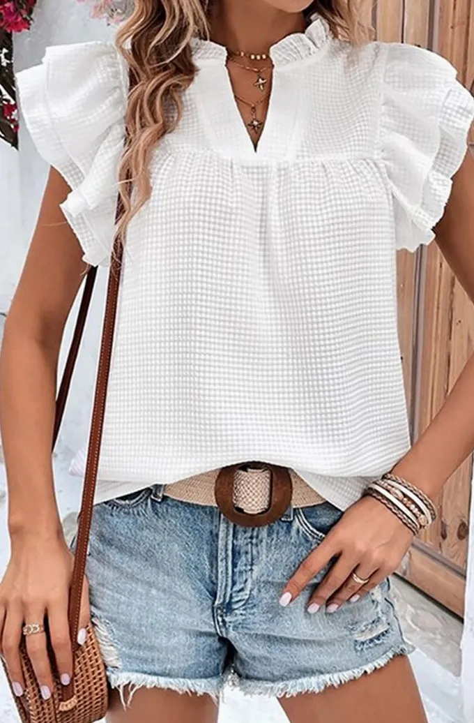Ruffle Accent Flutter Sleeve Notch Neck Top