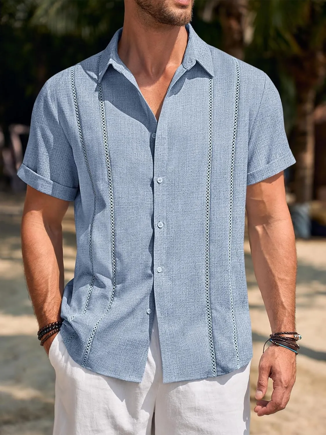 Runcati Mens Guayabera Shirts Short Sleeve Casual Cuban Linen Shirt Button Down Beach Summer Mexican Shirts