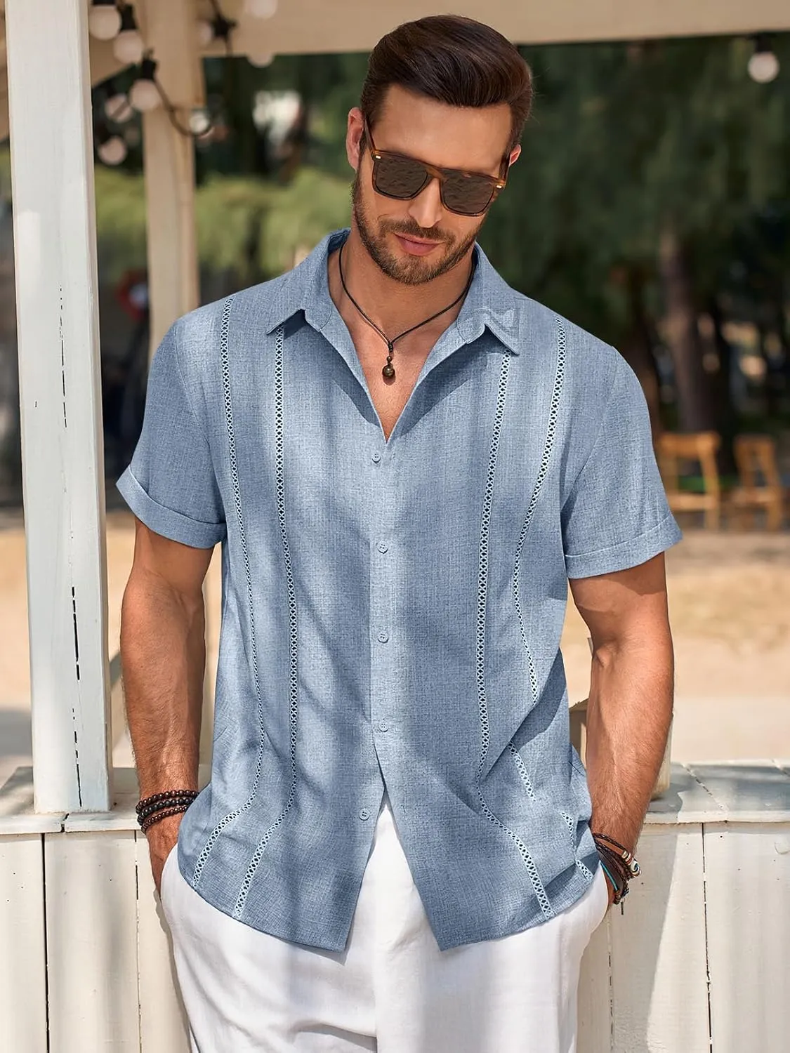 Runcati Mens Guayabera Shirts Short Sleeve Casual Cuban Linen Shirt Button Down Beach Summer Mexican Shirts