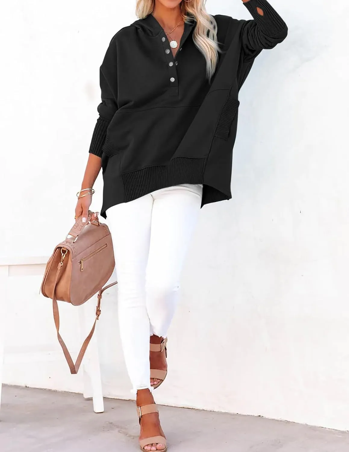 R.Vivimos Womens Oversized Sweatshirts Fall Essential Hoodies Pullover Cotton Long Sleeve Button Up Casual Tops with Pockets