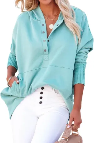 R.Vivimos Womens Oversized Sweatshirts Fall Essential Hoodies Pullover Cotton Long Sleeve Button Up Casual Tops with Pockets