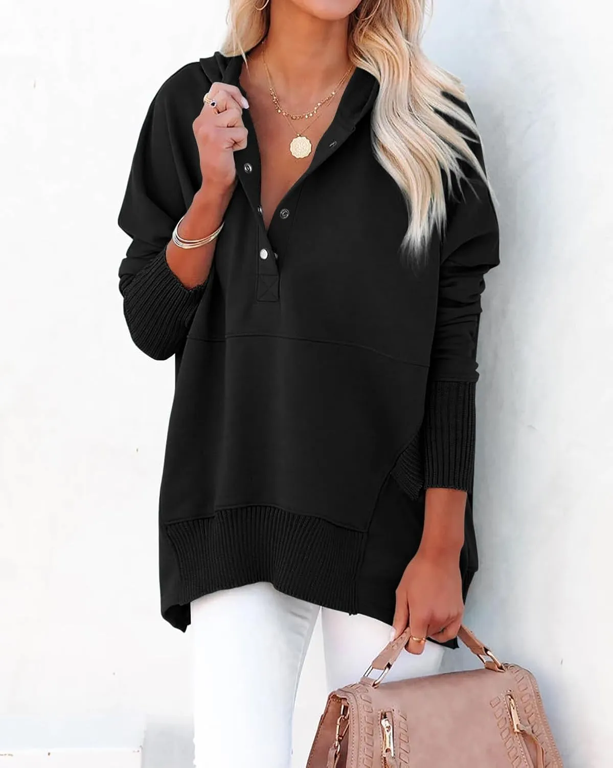 R.Vivimos Womens Oversized Sweatshirts Fall Essential Hoodies Pullover Cotton Long Sleeve Button Up Casual Tops with Pockets