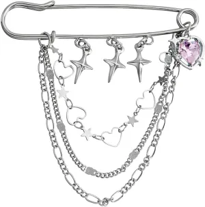 Safety Pin Brooch with Hanging Chains Charms Decorative Punk Goth Collar Brooches Pin for Sweater Dress Skirt Tie Pins Emo Pins