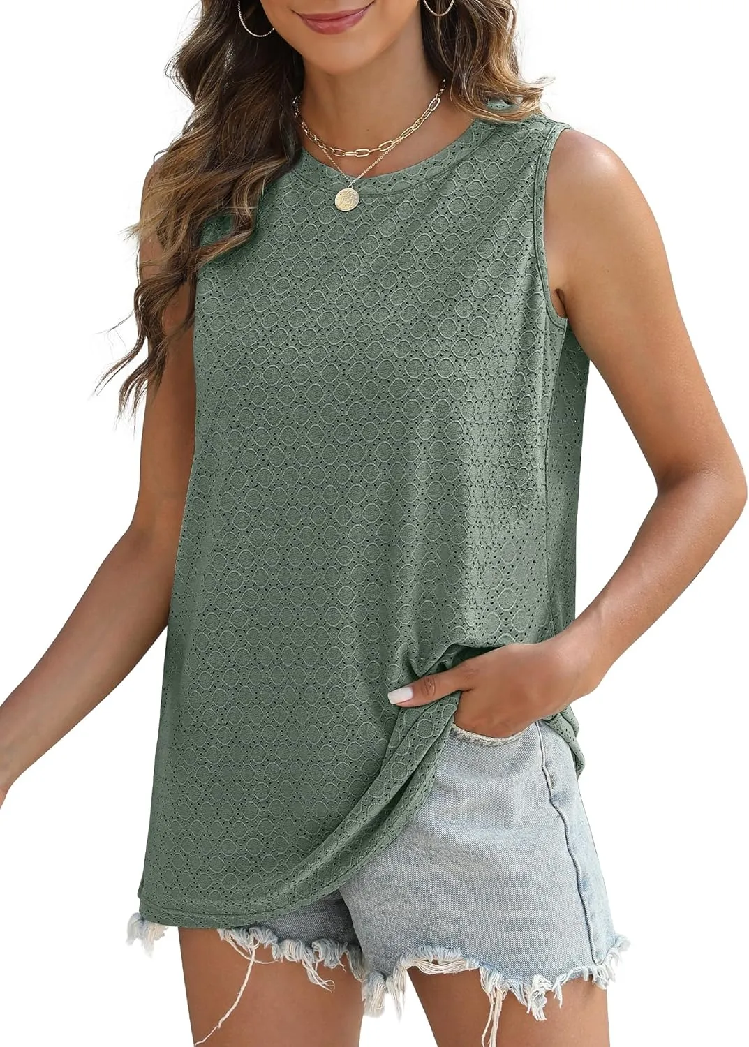 SAMPEEL Womens Tank Tops Eyelet Loose Casual Summer Tops Crew Neck Basic Sleeveless Shirts Trendy 2025
