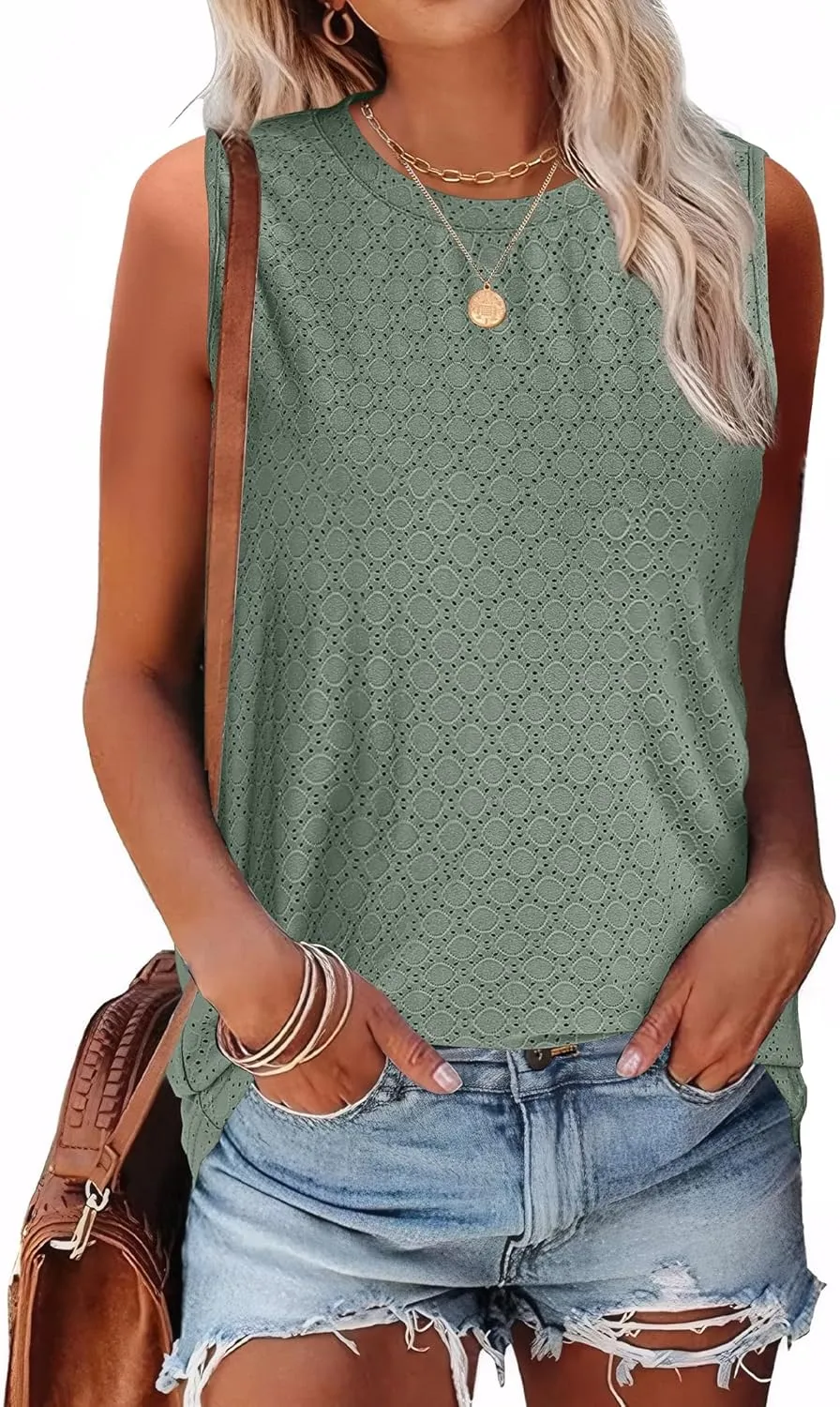 SAMPEEL Womens Tank Tops Eyelet Loose Casual Summer Tops Crew Neck Basic Sleeveless Shirts Trendy 2025