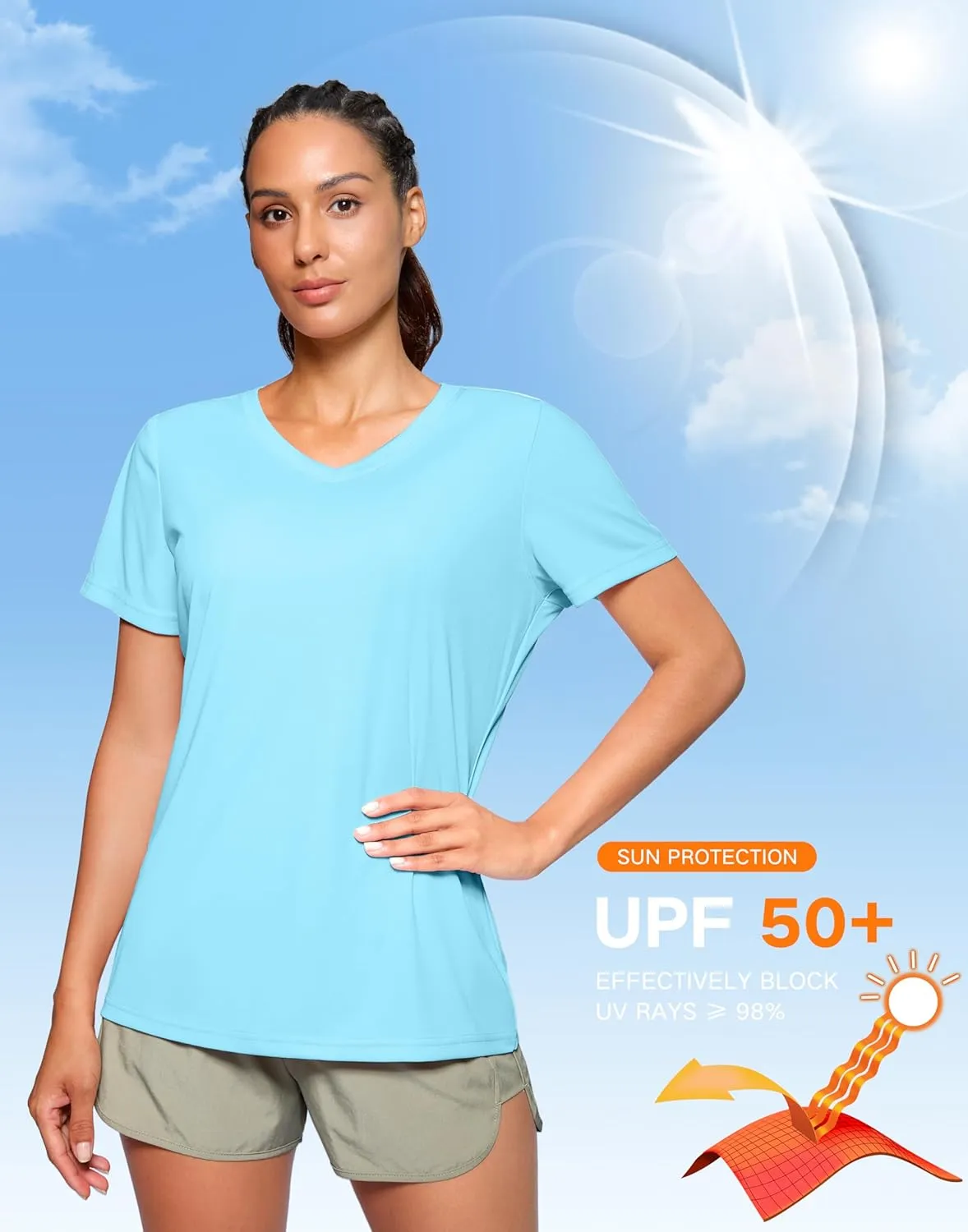 SANTINY Women's V Neck Short Sleeve Shirts Uv Protectioin Moisture Wicking Hiking Workout Athletic T Shirts for Women