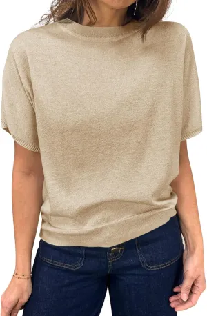 Saodimallsu Womens Short Sleeve Sweater Casual Basic Crew Neck Loose Knit Pullover Tops Summer Lightweight Blouses