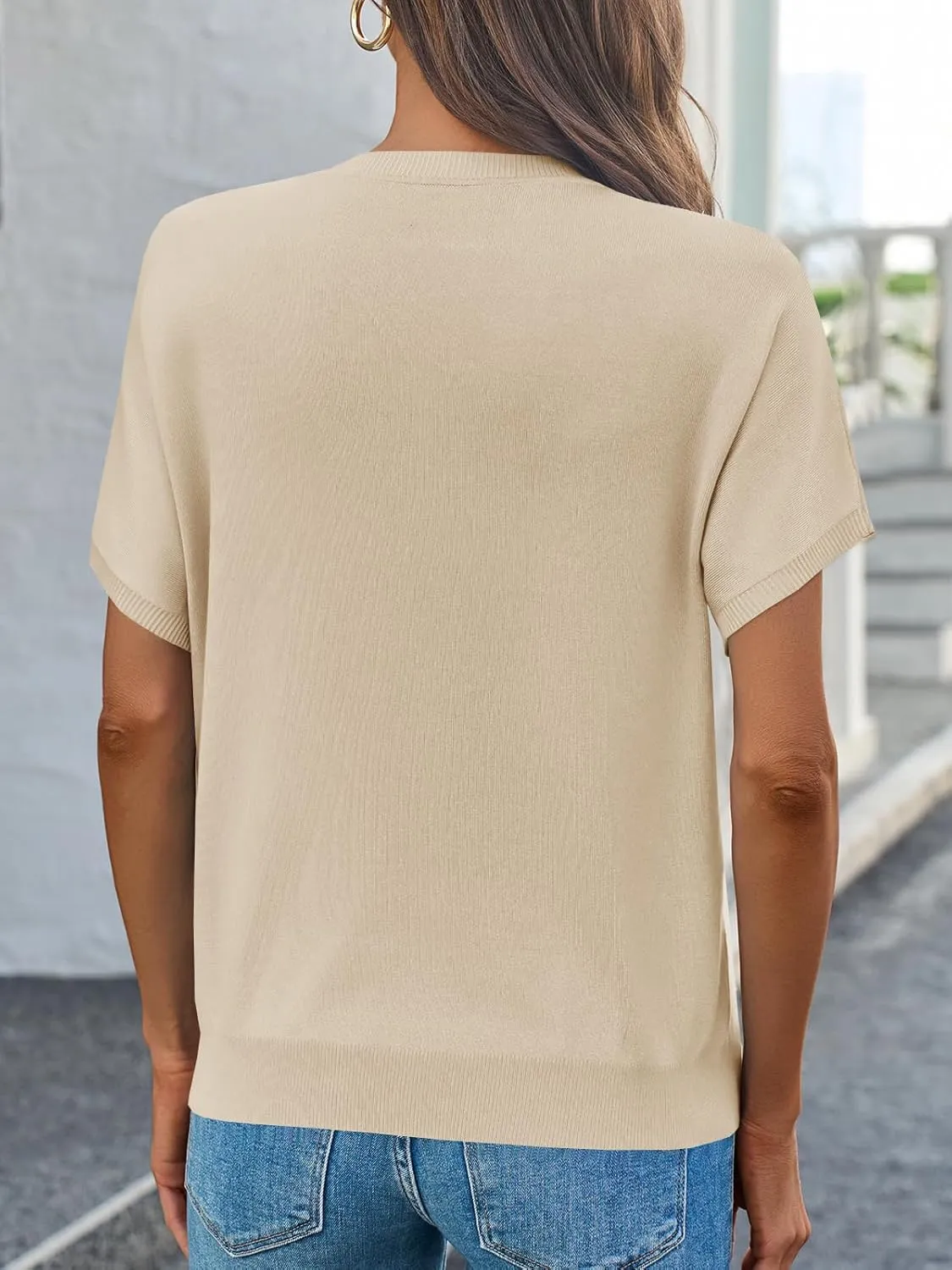 Saodimallsu Womens Short Sleeve Sweater Casual Basic Crew Neck Loose Knit Pullover Tops Summer Lightweight Blouses