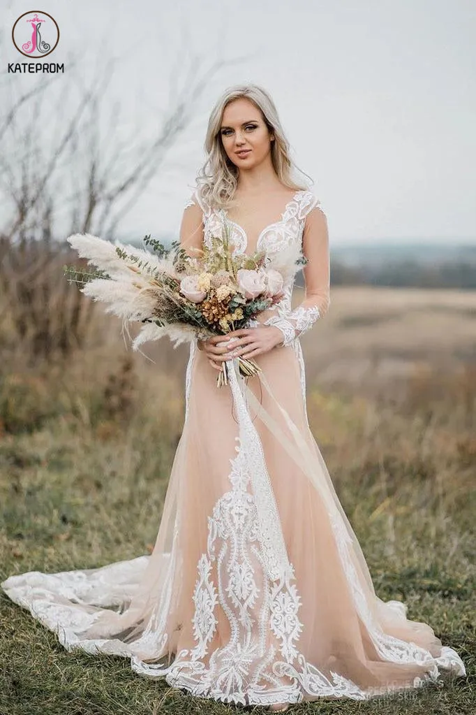 See Through Long Sleeves Boho Wedding Dress with Lace Appliques KPW0575