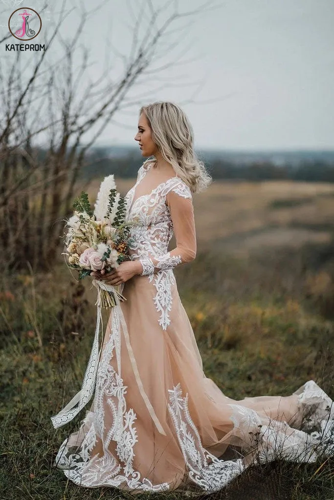See Through Long Sleeves Boho Wedding Dress with Lace Appliques KPW0575