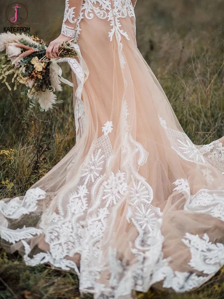See Through Long Sleeves Boho Wedding Dress with Lace Appliques KPW0575