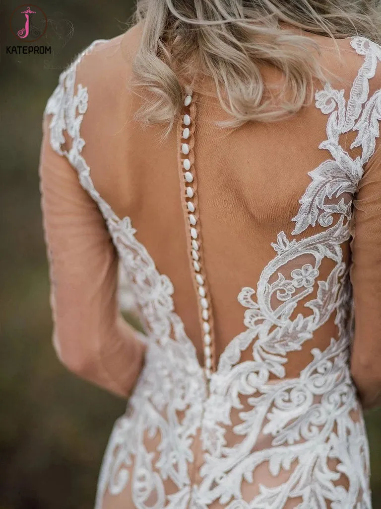See Through Long Sleeves Boho Wedding Dress with Lace Appliques KPW0575