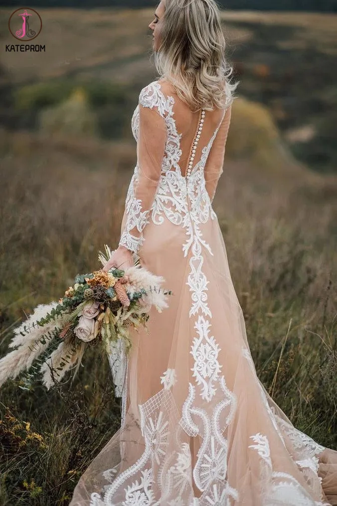 See Through Long Sleeves Boho Wedding Dress with Lace Appliques KPW0575