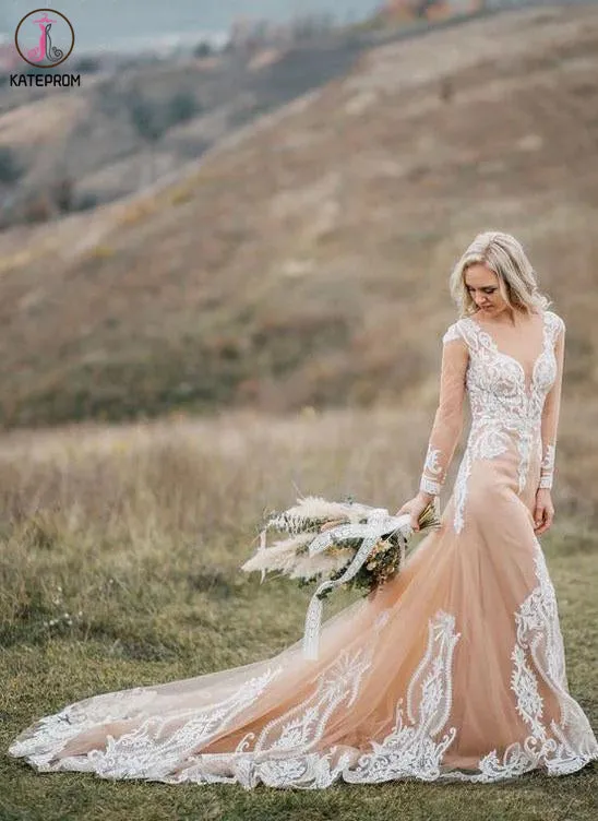 See Through Long Sleeves Boho Wedding Dress with Lace Appliques KPW0575