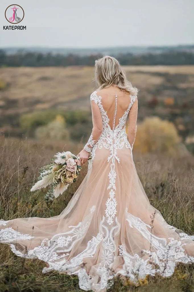 See Through Long Sleeves Boho Wedding Dress with Lace Appliques KPW0575
