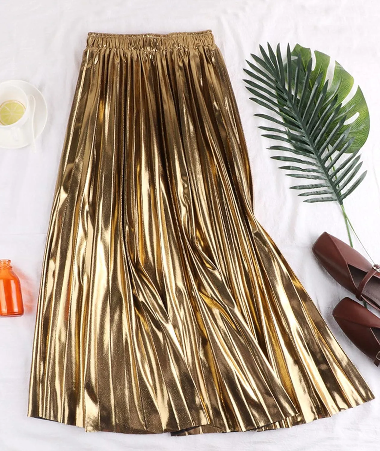 SEMATOMALA Women's Gold Pleated Maxi Skirt Accordion Elastic Waist Aline Swing Metallic Shiny Long Party Skirts