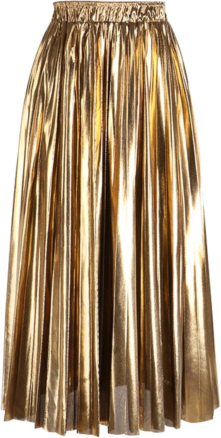 SEMATOMALA Women's Gold Pleated Maxi Skirt Accordion Elastic Waist Aline Swing Metallic Shiny Long Party Skirts