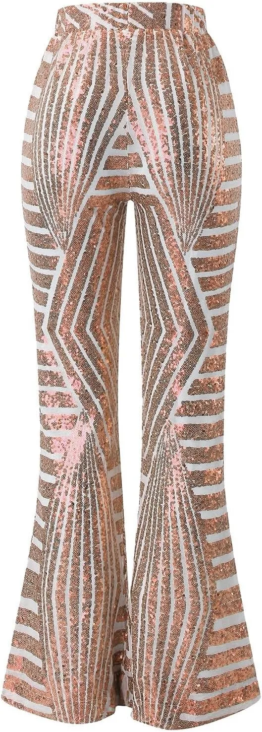 Sequin Pants for Women Cloth High Sequin Women Foot Sexy Pants Fashion Waisted Tape Trousers Ruffle Pants Bell