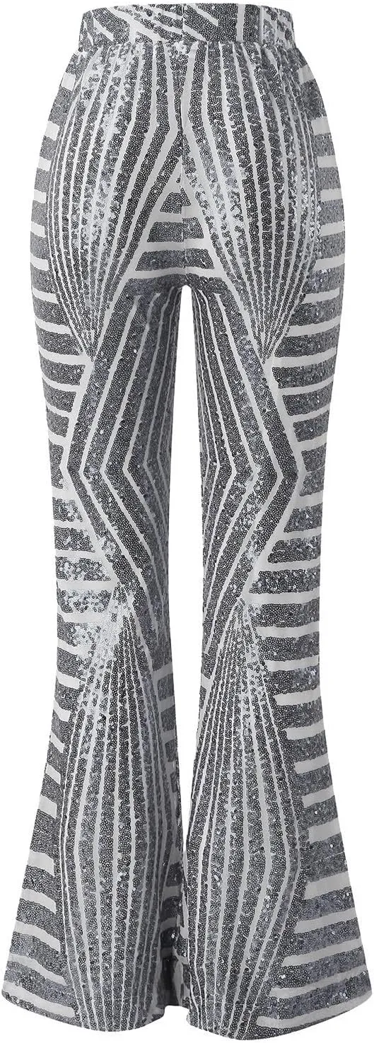 Sequin Pants for Women Cloth High Sequin Women Foot Sexy Pants Fashion Waisted Tape Trousers Ruffle Pants Bell