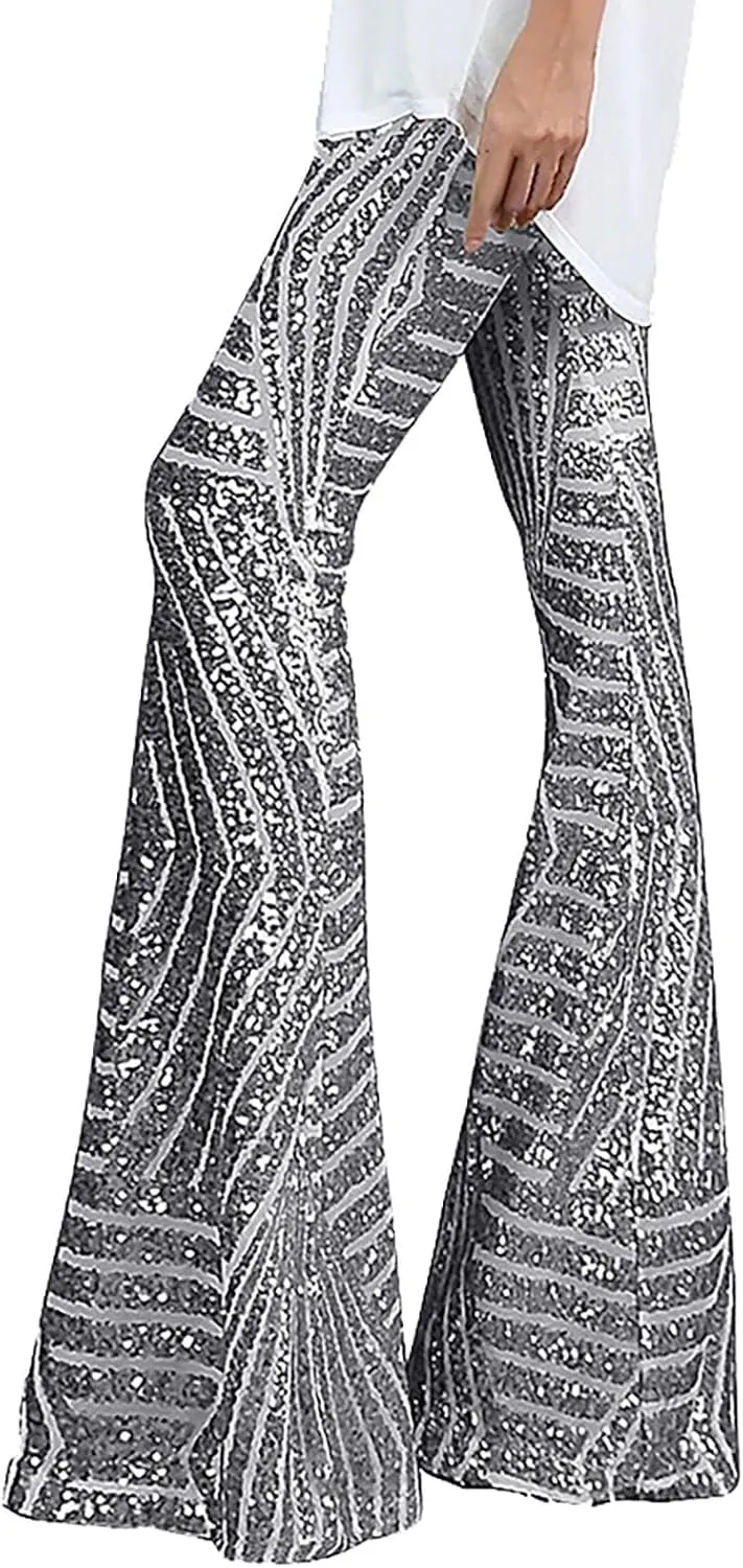 Sequin Pants for Women Cloth High Sequin Women Foot Sexy Pants Fashion Waisted Tape Trousers Ruffle Pants Bell