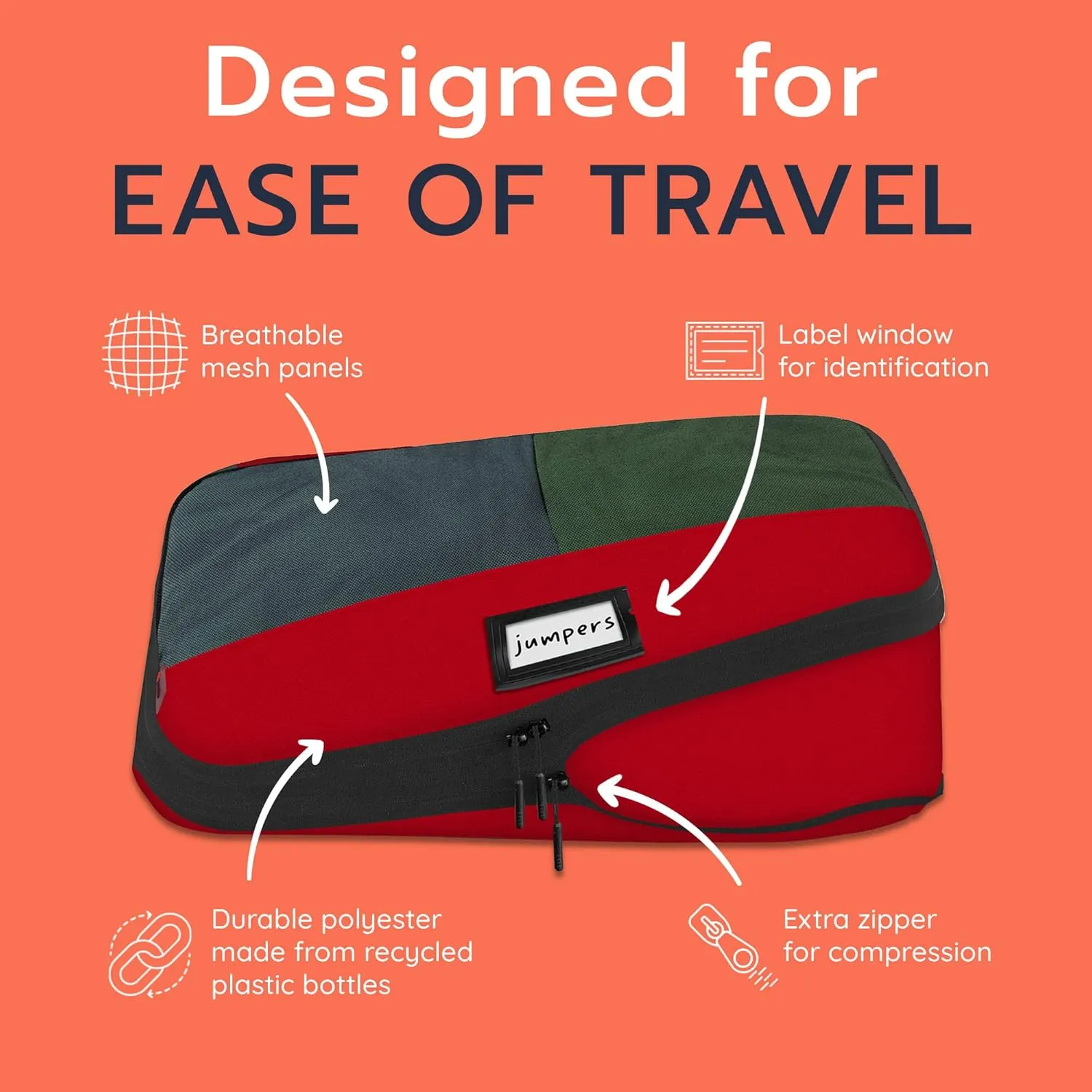 Set of 3 Durable Compression Packing Cubes Travel Organizer for Suitcases Made from Recycled Plastic Bottles, Featuring Double Zippers for Hassle-Free Packing Travel Essentials - Red