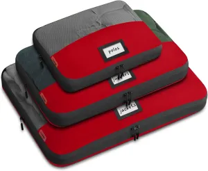 Set of 3 Durable Compression Packing Cubes Travel Organizer for Suitcases Made from Recycled Plastic Bottles, Featuring Double Zippers for Hassle-Free Packing Travel Essentials - Red