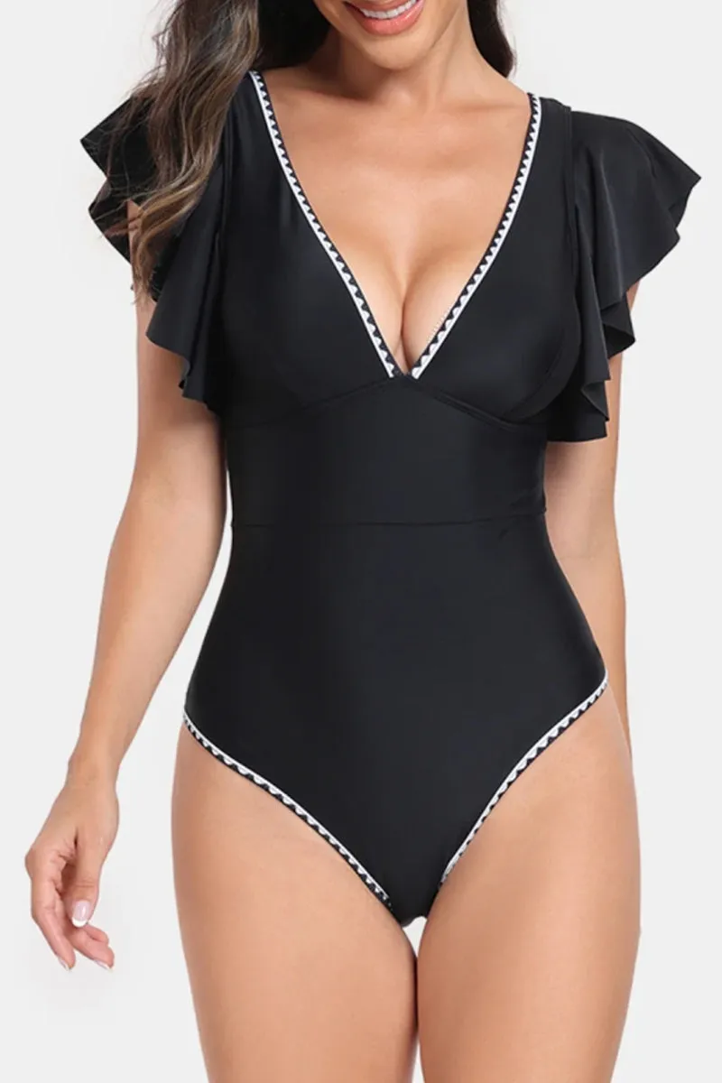 Shell Stitch Trim Feminine Ruffle Sleeve One Piece Swimwear