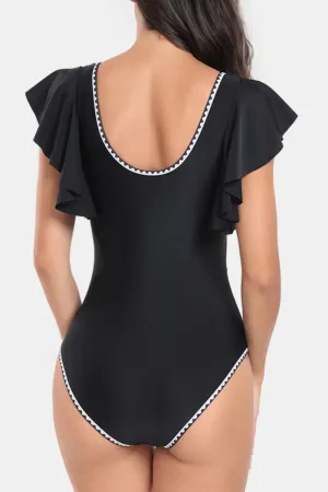 Shell Stitch Trim Feminine Ruffle Sleeve One Piece Swimwear