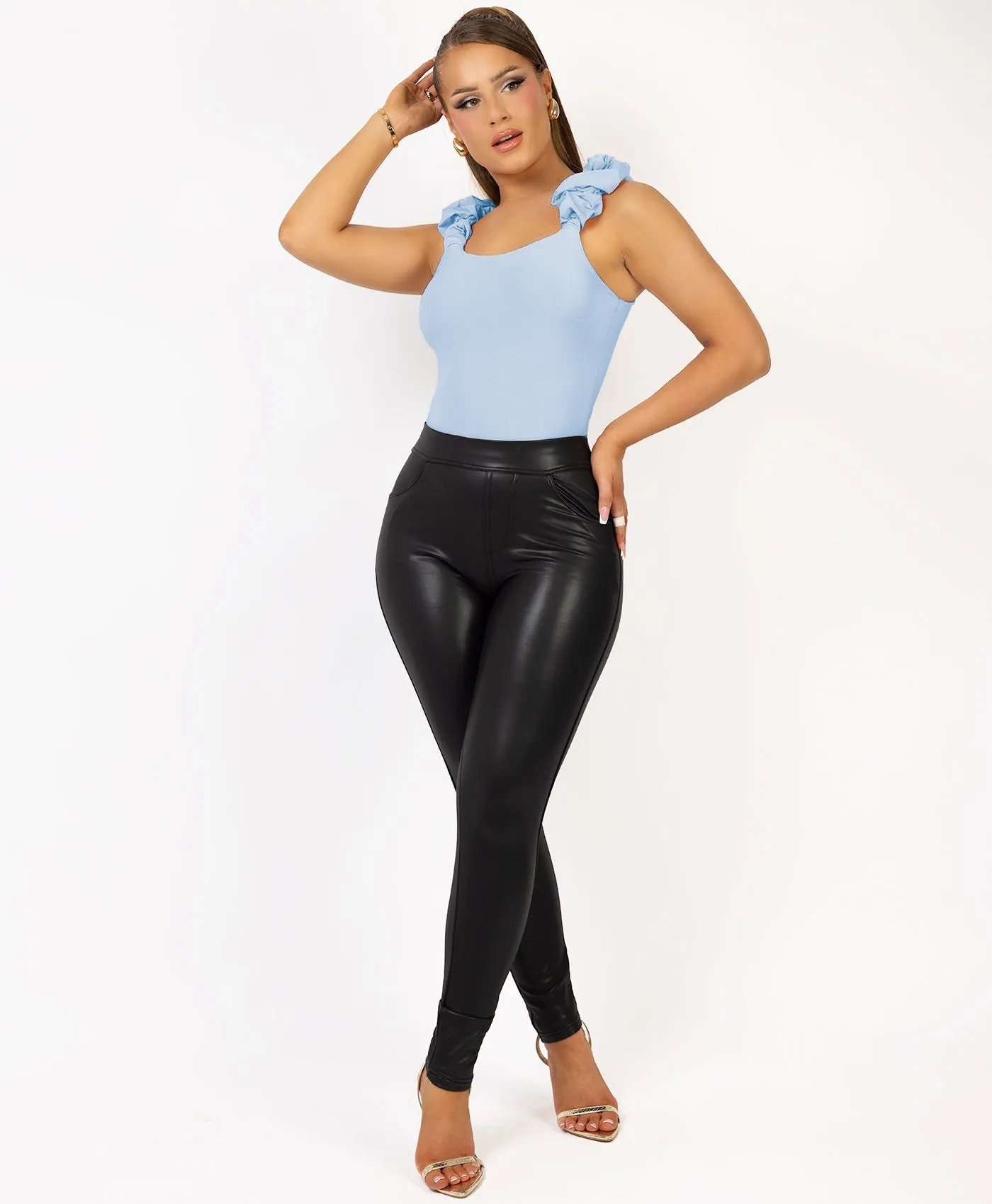 Sky Blue Ruffle Ruched Straps Flare Bodysuit