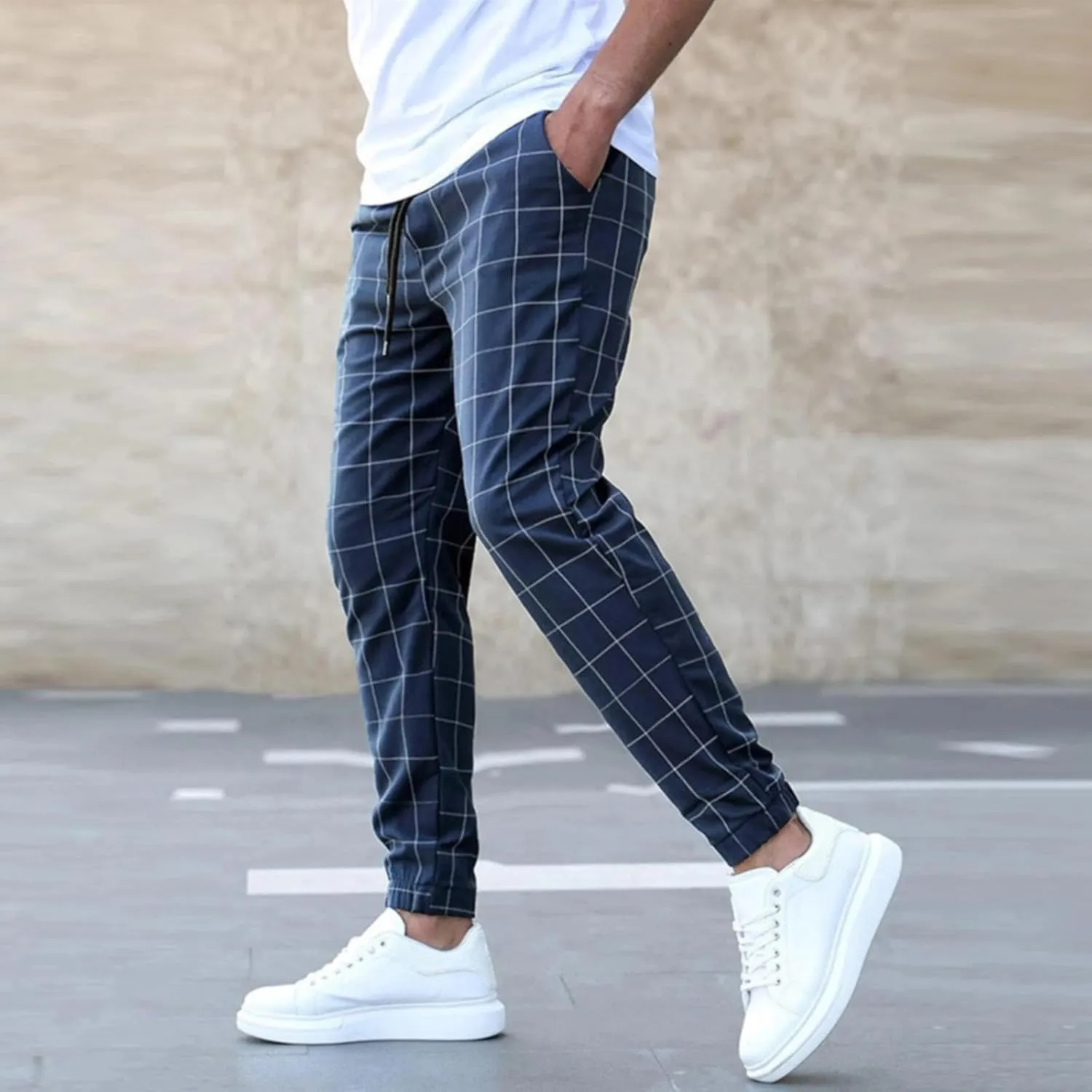 Slim Fit Plaid Chino Pants for Men Flat-Front Stretch Dress Pants Business Pencil Suit Pant Casual Skinny Golf Pant