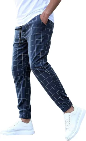 Slim Fit Plaid Chino Pants for Men Flat-Front Stretch Dress Pants Business Pencil Suit Pant Casual Skinny Golf Pant