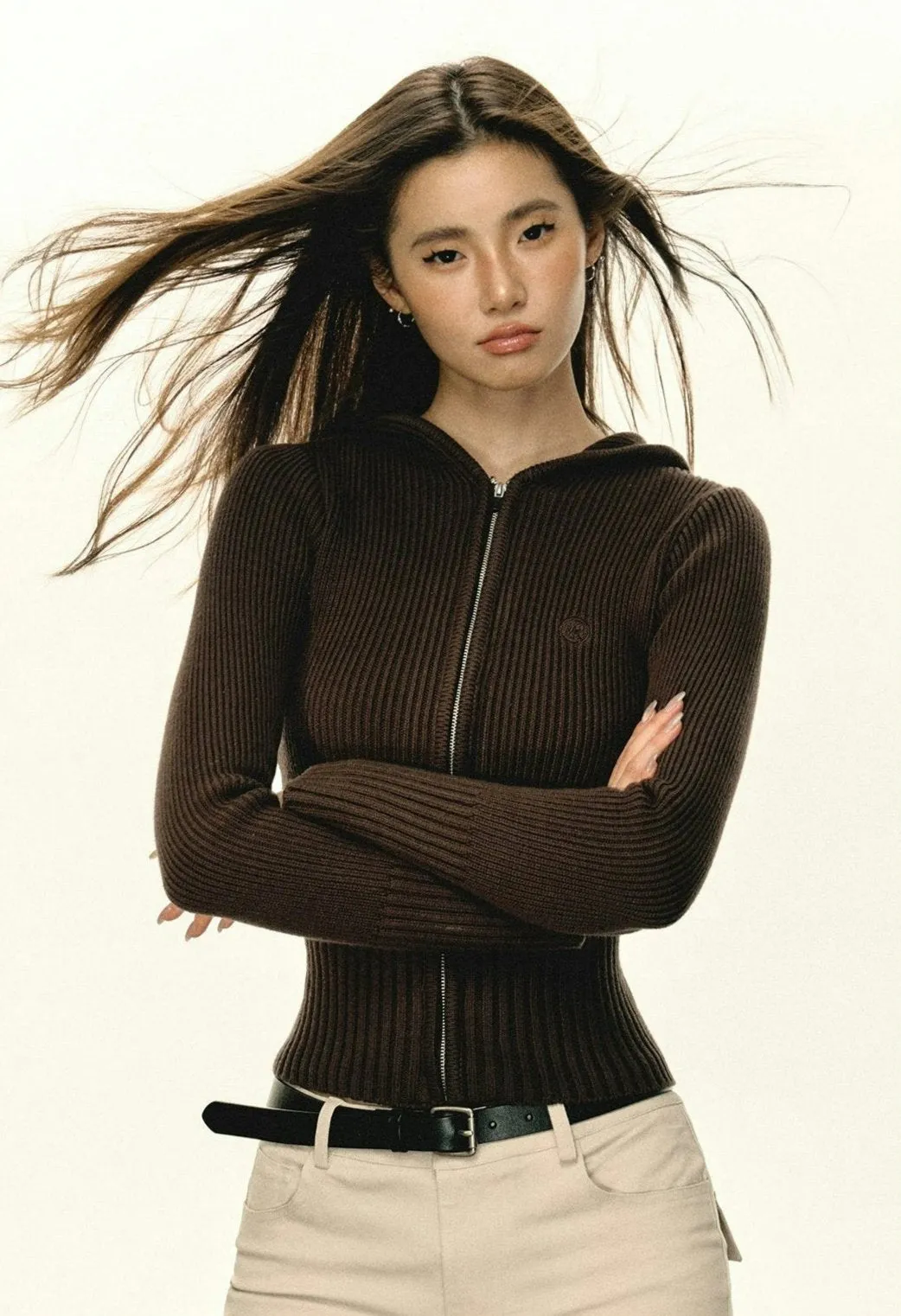 Slim Ribbed Zip-Up Hooded Sweater