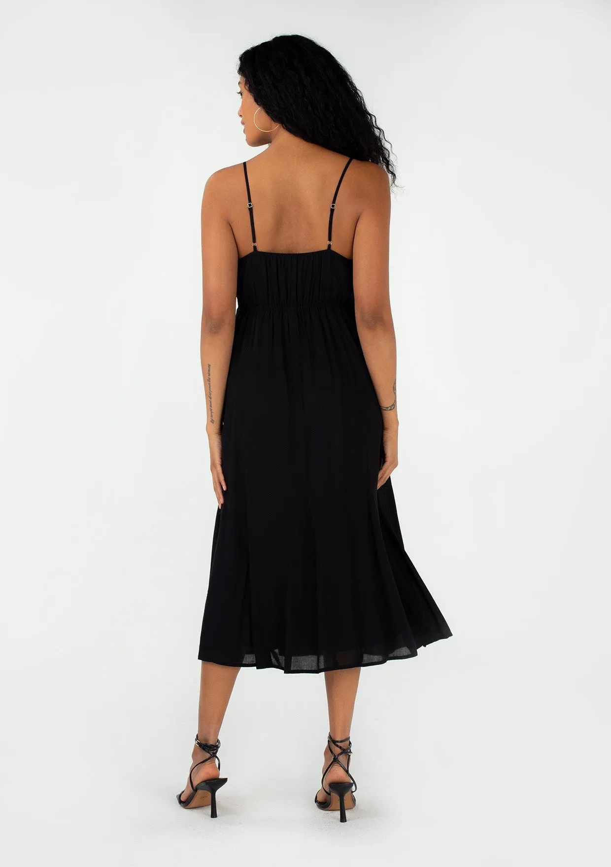 Spaghetti Strap V Neck Lace Cami Midi Dress - Black