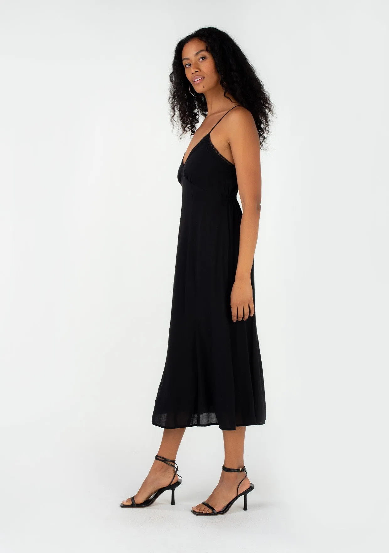 Spaghetti Strap V Neck Lace Cami Midi Dress - Black