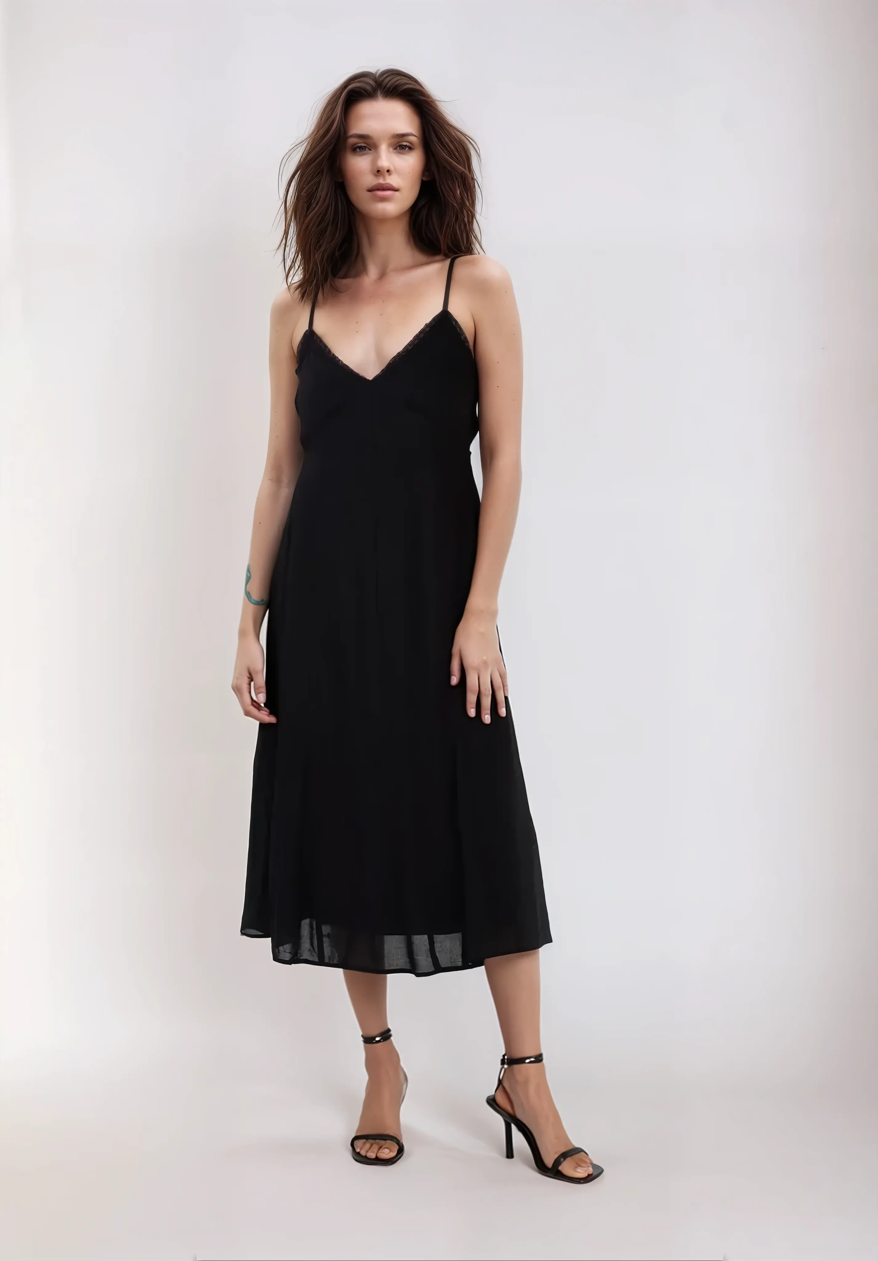 Spaghetti Strap V Neck Lace Cami Midi Dress - Black