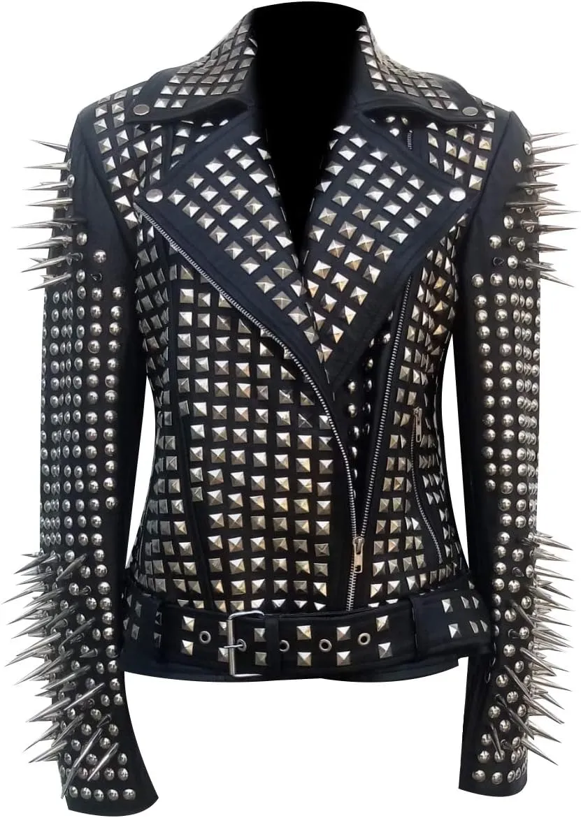 SpazeUp Women's Studded Biker Leather Jacket - Women Vintage Motorcycle Leather Jacket with Spikes