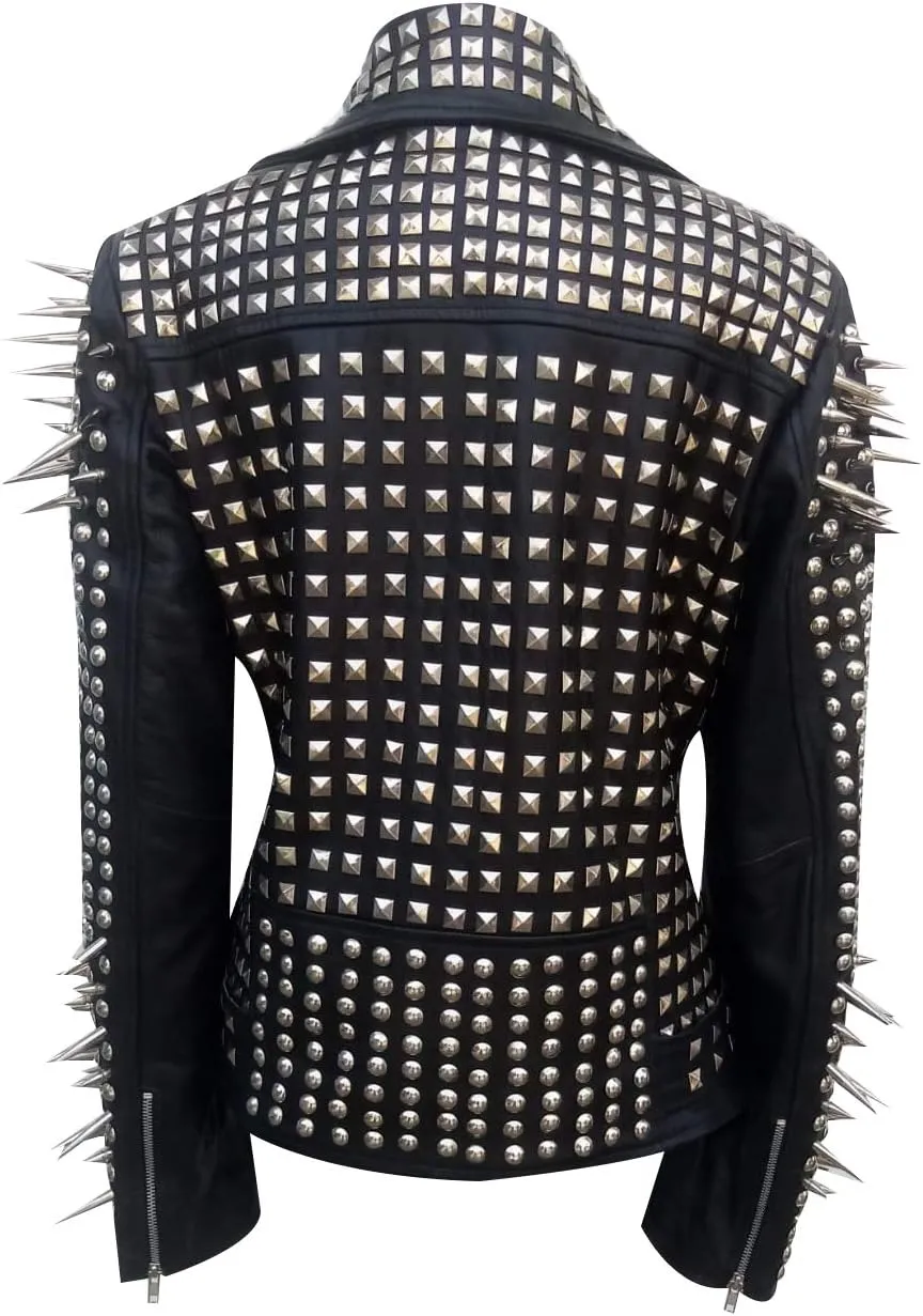 SpazeUp Women's Studded Biker Leather Jacket - Women Vintage Motorcycle Leather Jacket with Spikes