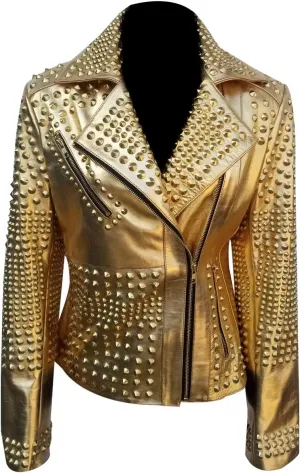 SpazeUp Women's Studded Biker Leather Jacket - Women Vintage Motorcycle Leather Jacket with Spikes