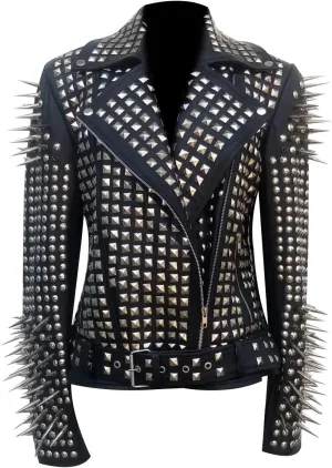 SpazeUp Women's Studded Biker Leather Jacket - Women Vintage Motorcycle Leather Jacket with Spikes