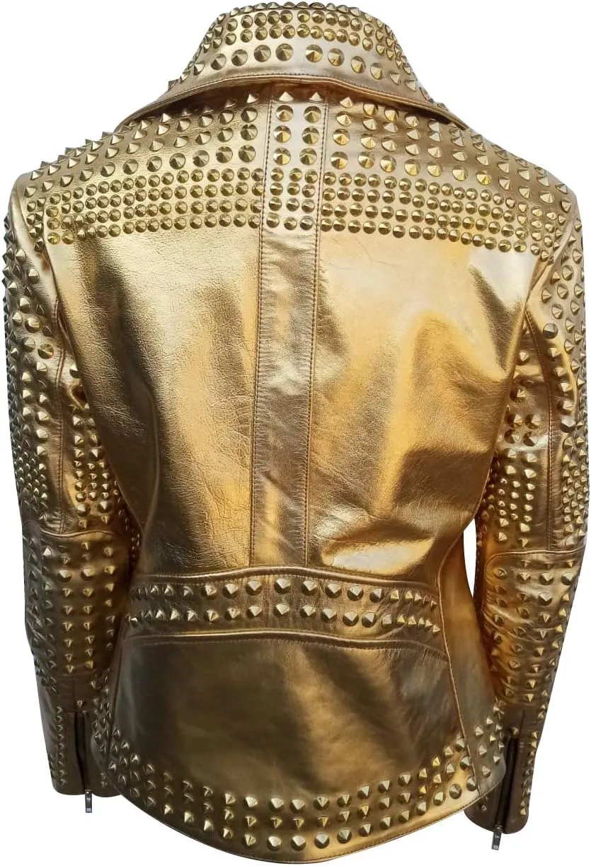 SpazeUp Women's Studded Biker Leather Jacket - Women Vintage Motorcycle Leather Jacket with Spikes