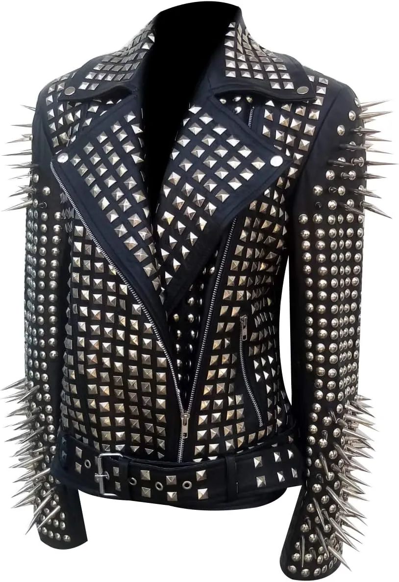 SpazeUp Women's Studded Biker Leather Jacket - Women Vintage Motorcycle Leather Jacket with Spikes