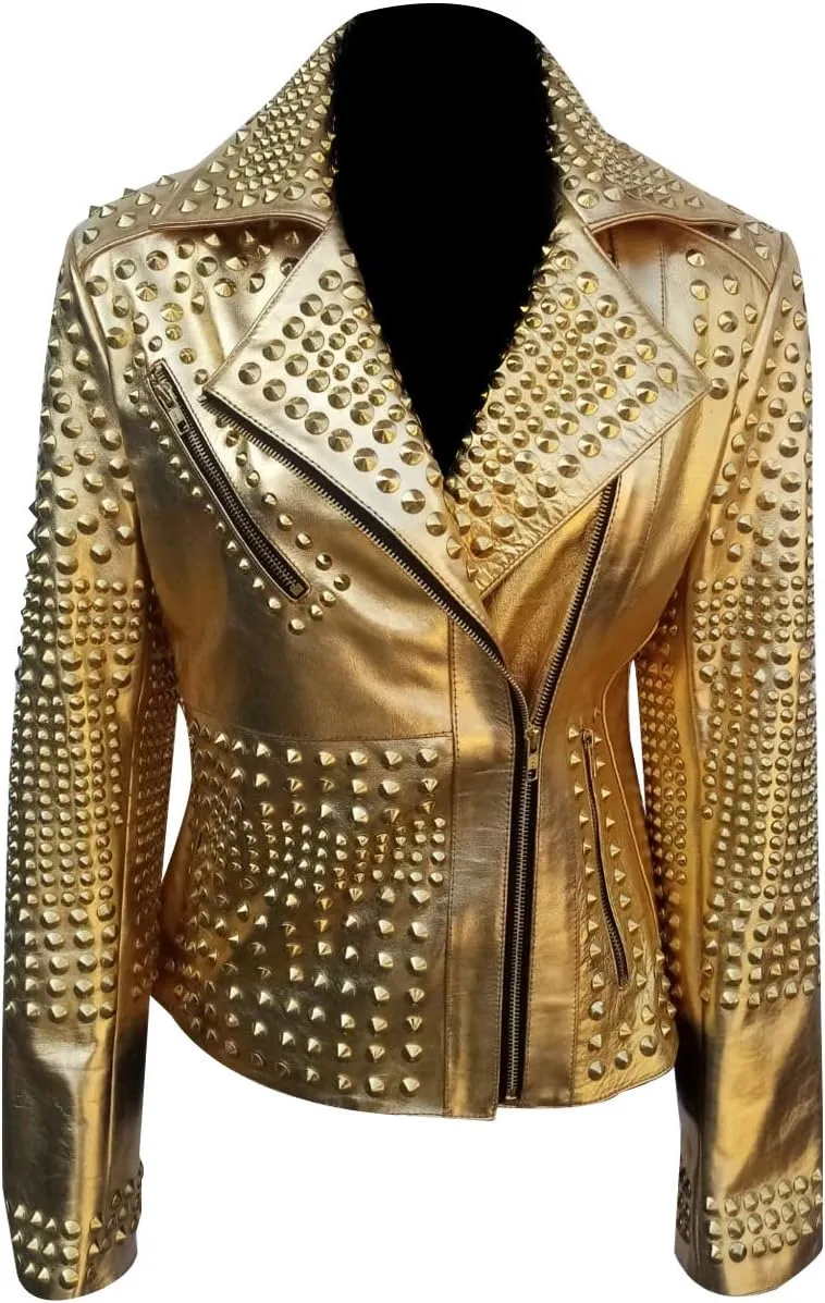 SpazeUp Women's Studded Biker Leather Jacket - Women Vintage Motorcycle Leather Jacket with Spikes