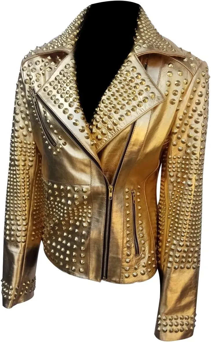 SpazeUp Women's Studded Biker Leather Jacket - Women Vintage Motorcycle Leather Jacket with Spikes