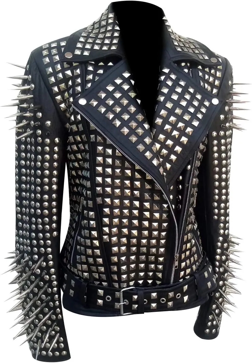 SpazeUp Women's Studded Biker Leather Jacket - Women Vintage Motorcycle Leather Jacket with Spikes
