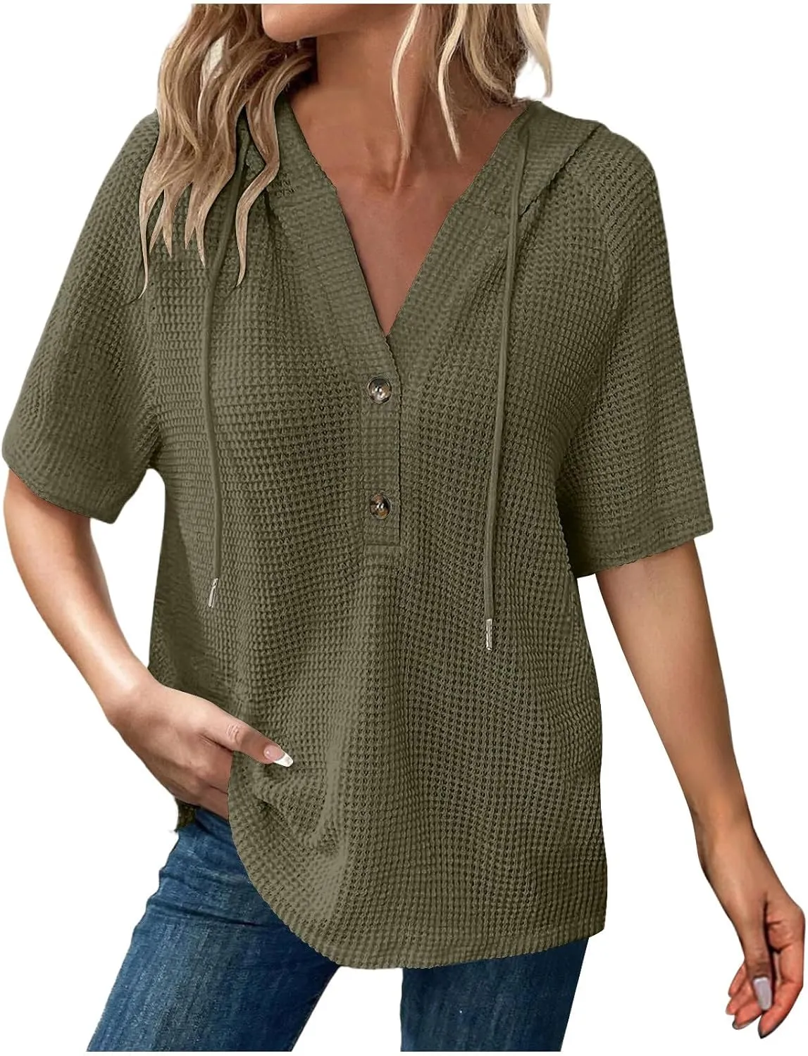 Spring Resort Wear Outfits Vacation Waffle Knit Tops Trendy 2025 Fashion Trends Cute Short Sleeve Hoodie Oversized