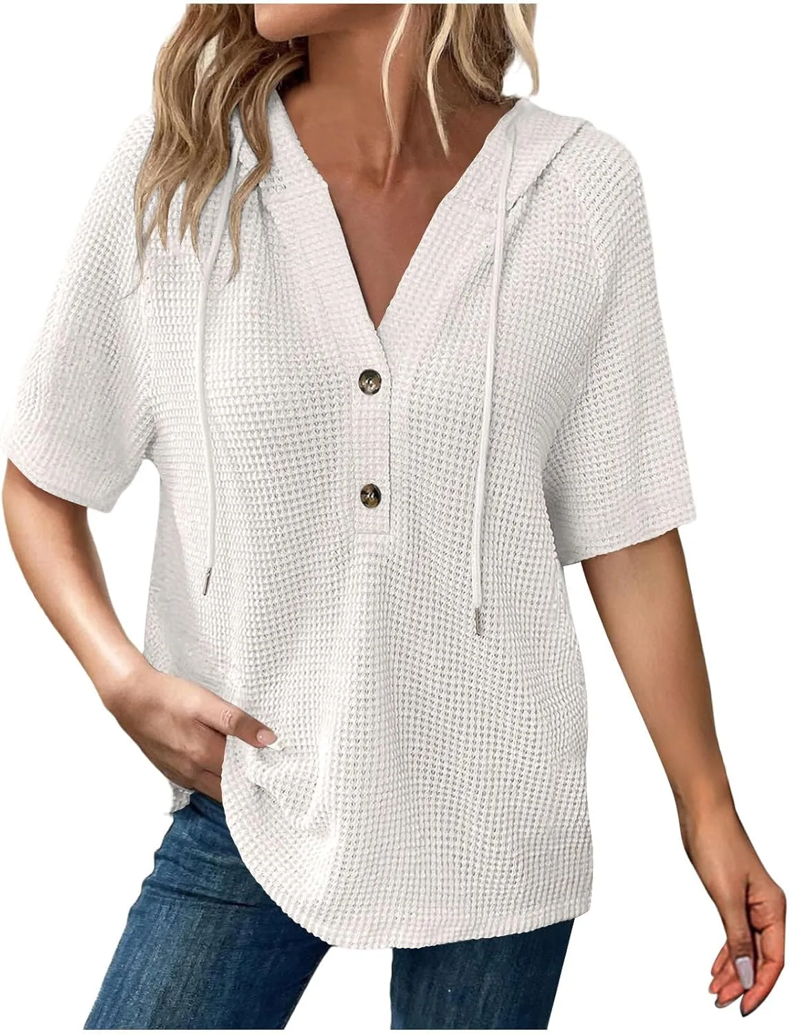 Spring Resort Wear Outfits Vacation Waffle Knit Tops Trendy 2025 Fashion Trends Cute Short Sleeve Hoodie Oversized