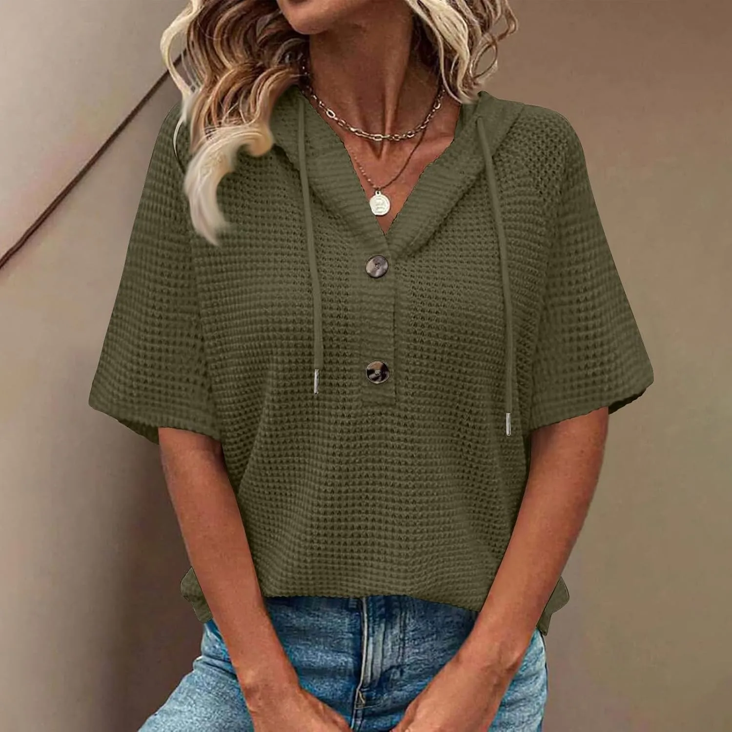 Spring Resort Wear Outfits Vacation Waffle Knit Tops Trendy 2025 Fashion Trends Cute Short Sleeve Hoodie Oversized