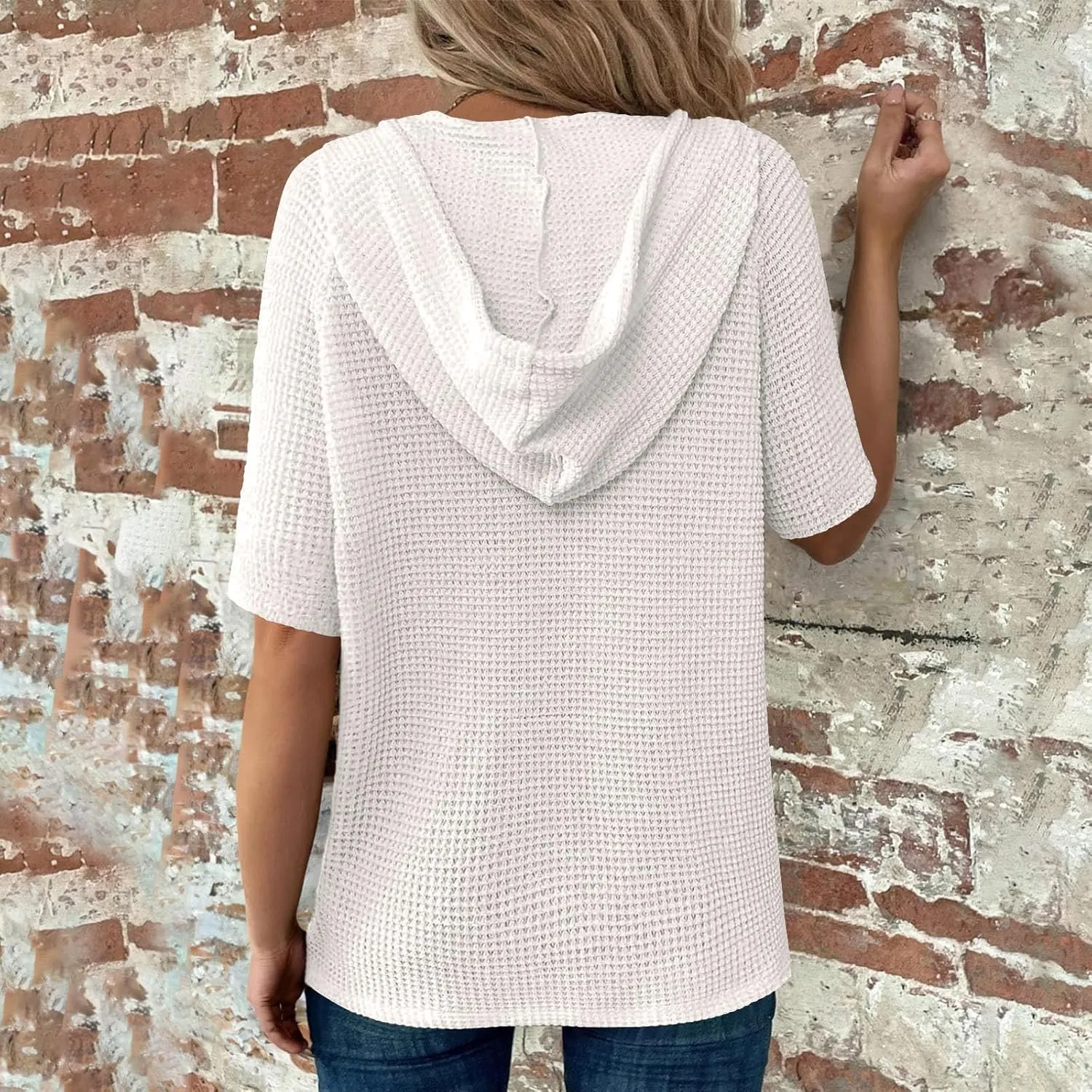 Spring Resort Wear Outfits Vacation Waffle Knit Tops Trendy 2025 Fashion Trends Cute Short Sleeve Hoodie Oversized
