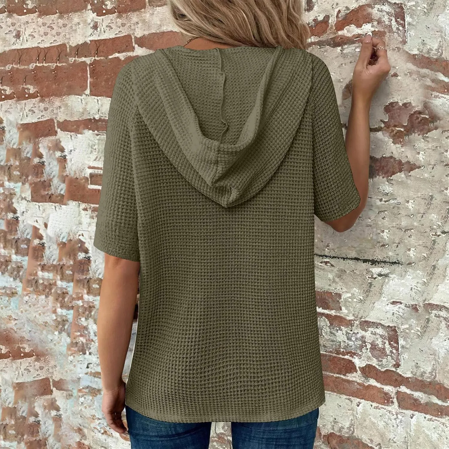 Spring Resort Wear Outfits Vacation Waffle Knit Tops Trendy 2025 Fashion Trends Cute Short Sleeve Hoodie Oversized